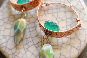Sky Dancing / Stamped Copper, Ceramic and Green Onyx Earrings
