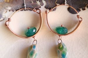 Sky Dancing / Stamped Copper, Ceramic and Green Onyx Earrings
