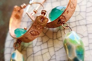 Sky Dancing / Stamped Copper, Ceramic and Green Onyx Earrings