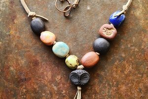 Rustic Owl / Ceramic, Copper and Faux Suede Necklace