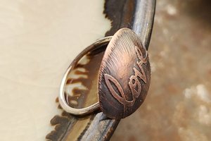 Love / Etched Copper Sterling Silver Ring
