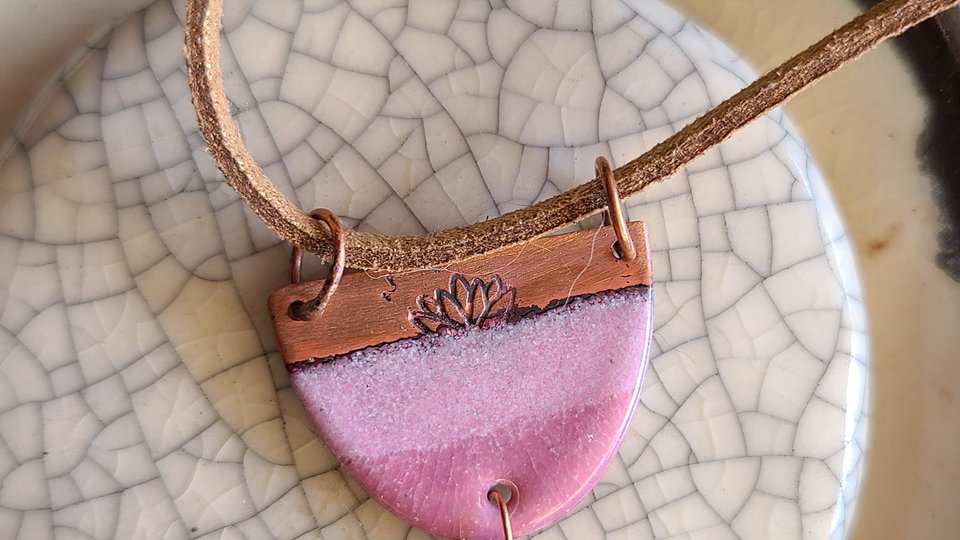 Pink Lotus / Pink Quartz, Enameled and Stamped Copper Necklace