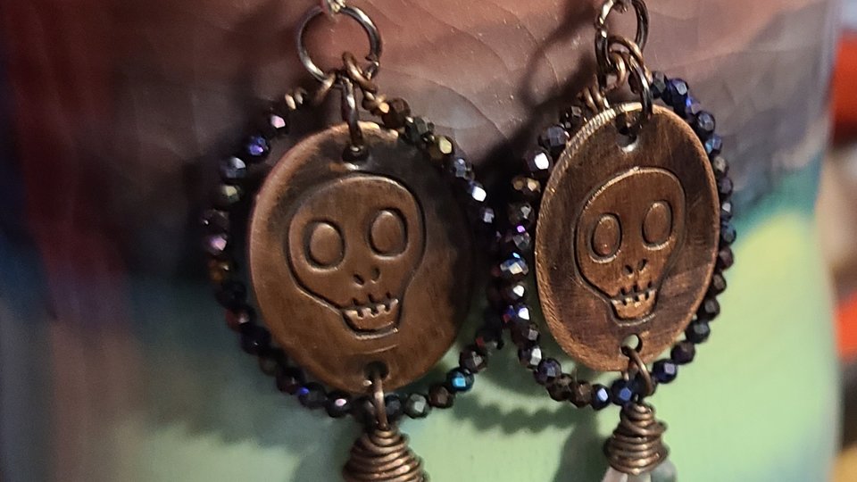 Reserved for Sylvia S. / Memento Mori / Copper, Spinel and Quartz Earrings