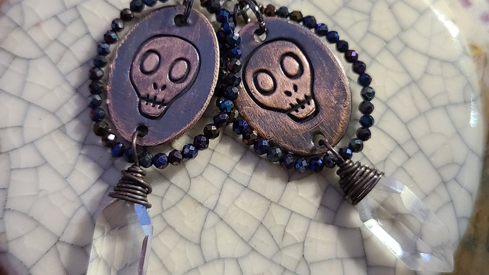 Reserved for Sylvia S. / Memento Mori / Copper, Spinel and Quartz Earrings