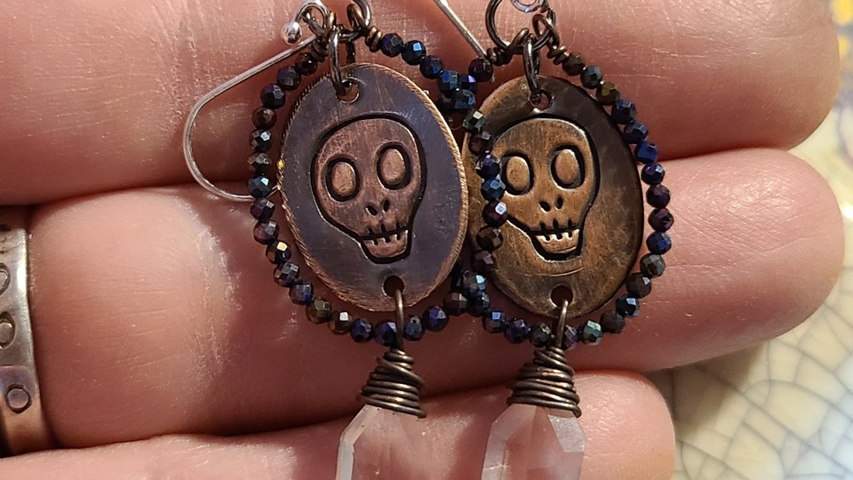 Reserved for Sylvia S. / Memento Mori / Copper, Spinel and Quartz Earrings
