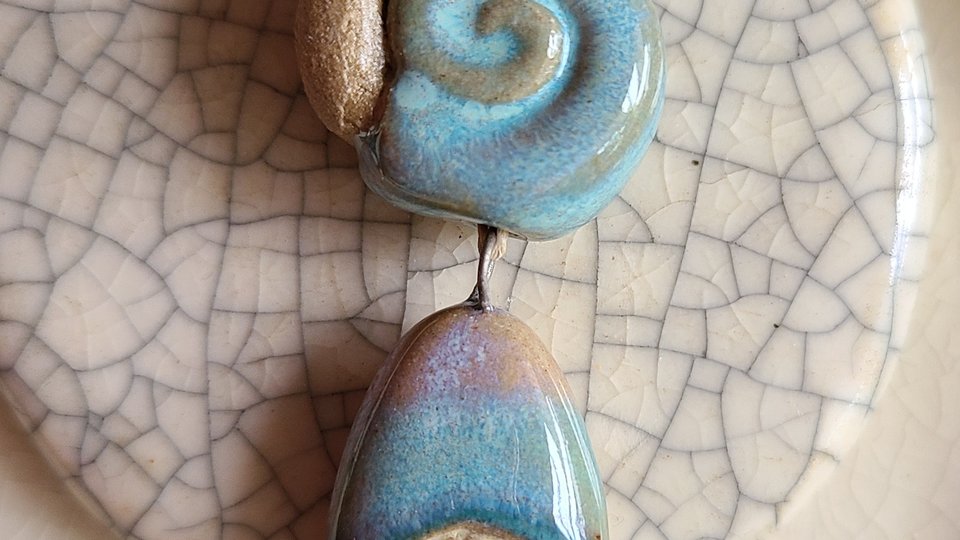 Snail and Mushroom / Ceramic Pendant and Bead Set