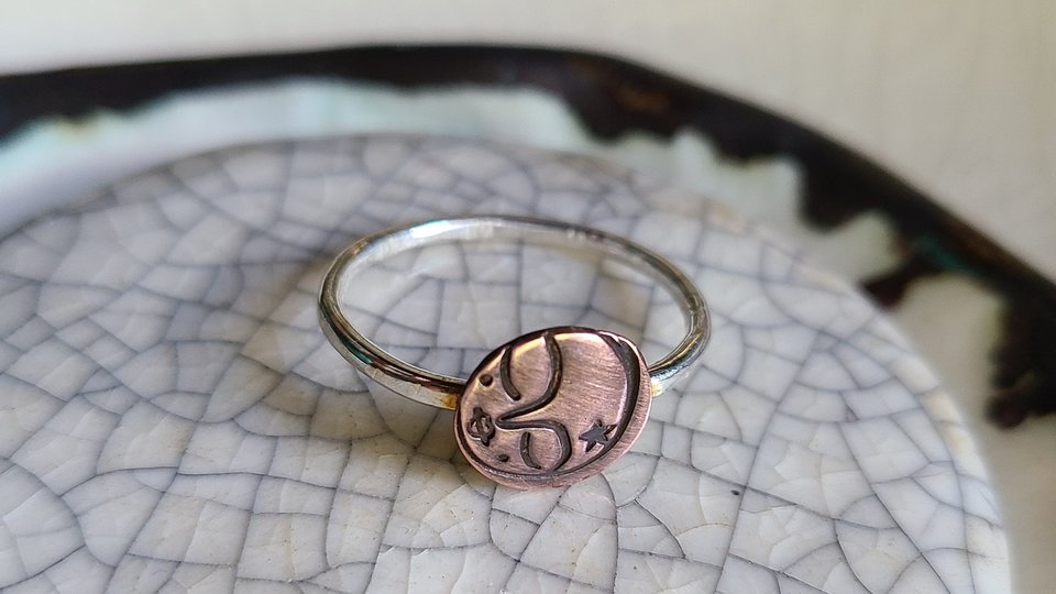 Mini Moon / Copper and Sterling Silver Ring Size 9 1/4