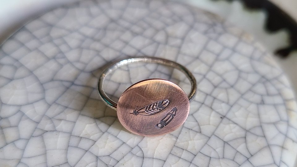 Feathers / Copper and Sterling Silver Ring Size 6