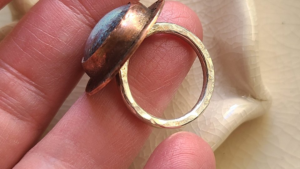 Blue Nebula / Copper, Ceramic and Sterling Silver Ring Size 8.75