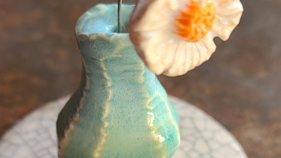 Matilija Poppy Blue Vase / Ceramic Mini Vase & Flower