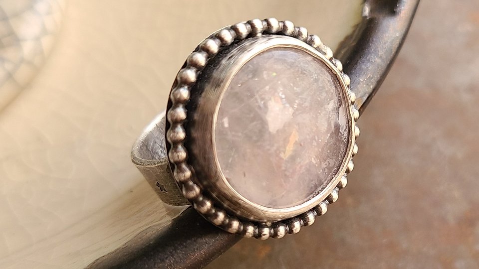 Pink Moon / Rose Quartz and Sterling Silver Adjustable Ring