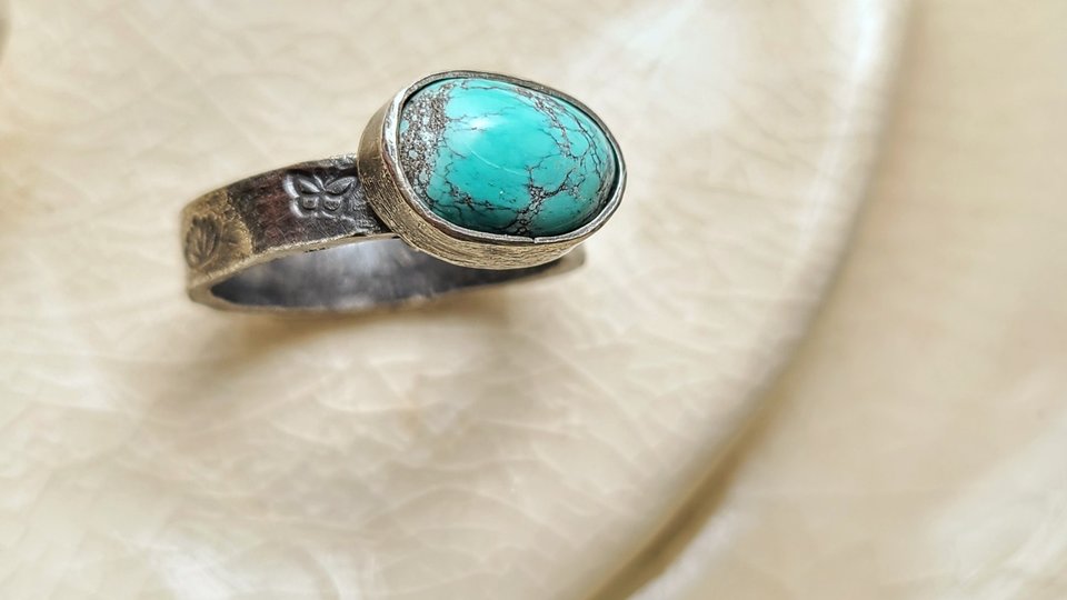 Butterfly Blue / Turquoise and Sterling Ring Adjustable
