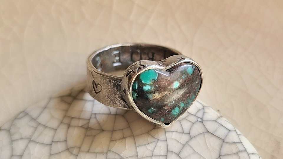 Reserved for Janet / Sweetheart / Turquoise Heart and Sterling Ring Adjustable