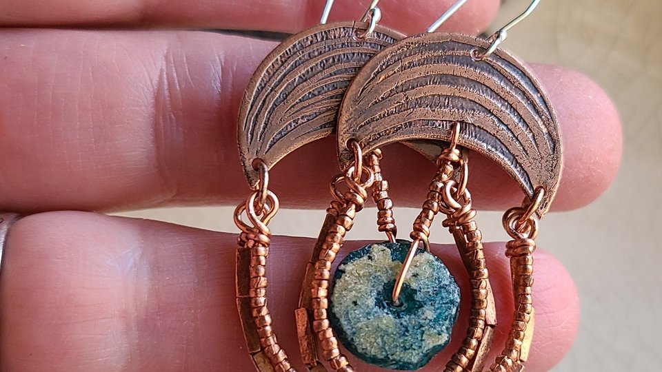 Roman Goddess / Copper & Roman Glass Earrings