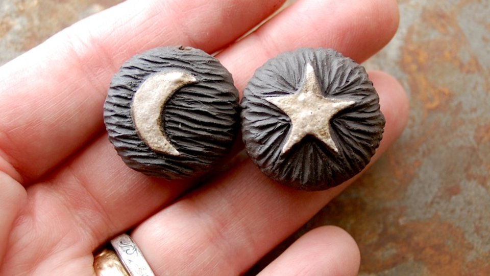 Moon and Star / Midnight Tone Ceramic Moon and Star Focal Bead