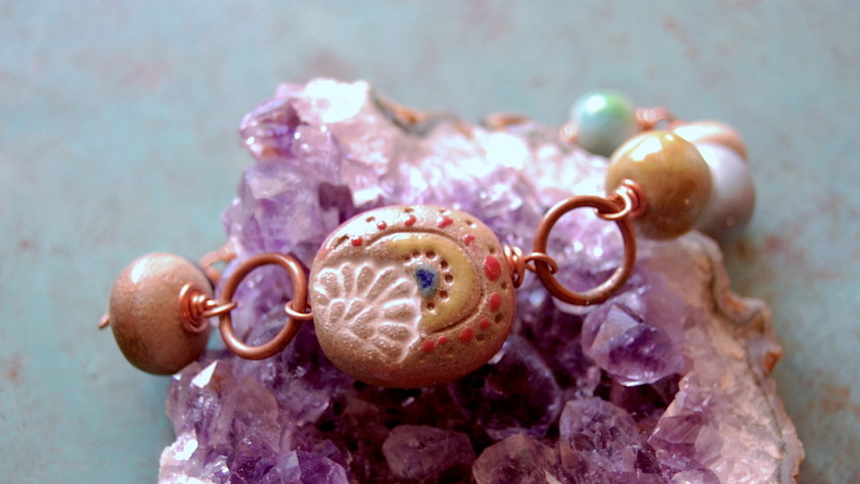 Lotus Gem / Double Sided Ceramic Bead and Copper Bracelet