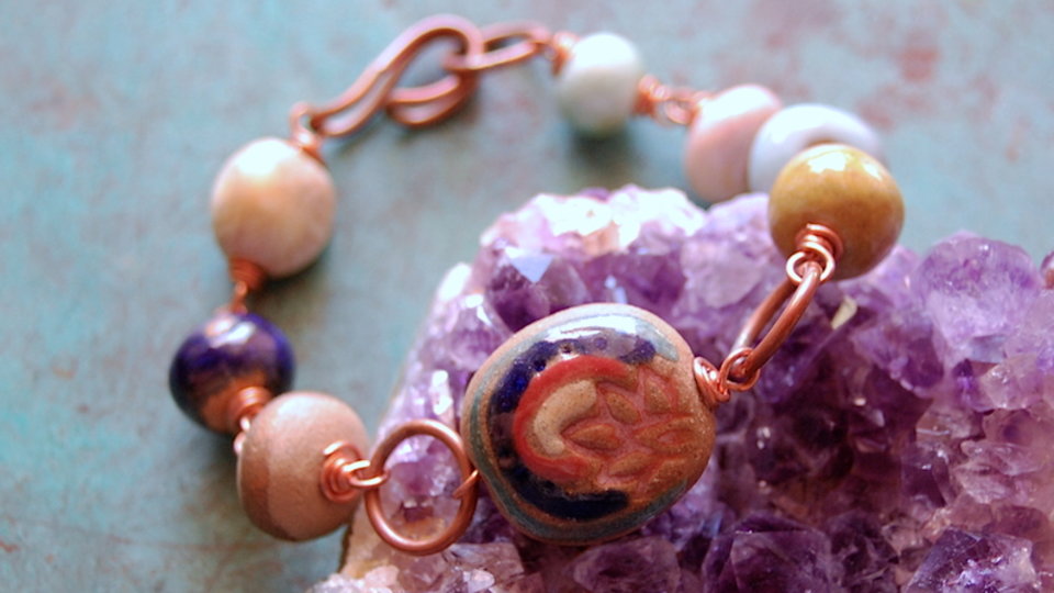 Lotus Gem / Double Sided Ceramic Bead and Copper Bracelet