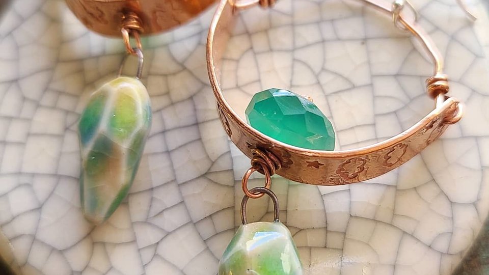 Sky Dancing / Stamped Copper, Ceramic and Green Onyx Earrings