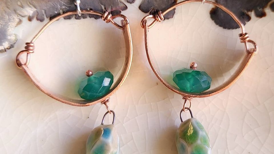 Sky Dancing / Stamped Copper, Ceramic and Green Onyx Earrings