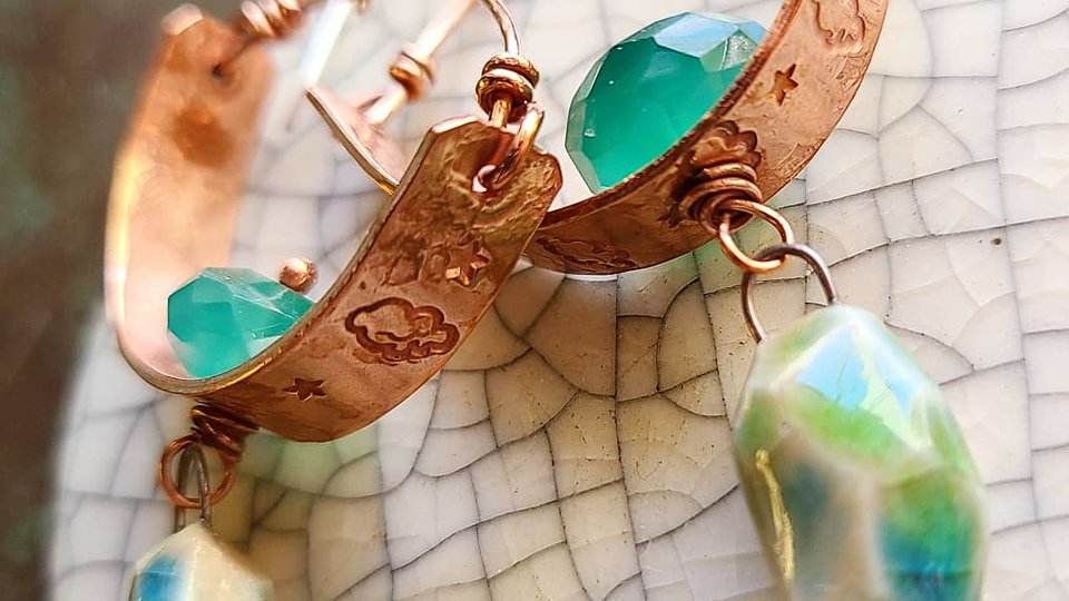 Sky Dancing / Stamped Copper, Ceramic and Green Onyx Earrings