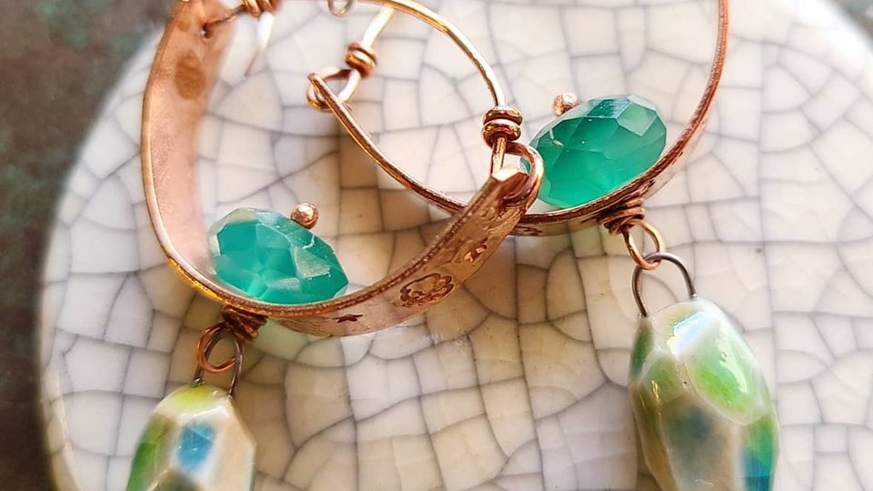 Sky Dancing / Stamped Copper, Ceramic and Green Onyx Earrings