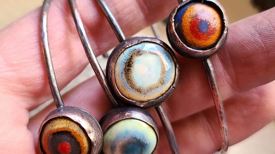 Eye / Thin Band Ceramic and Copper Cuff Bracelet