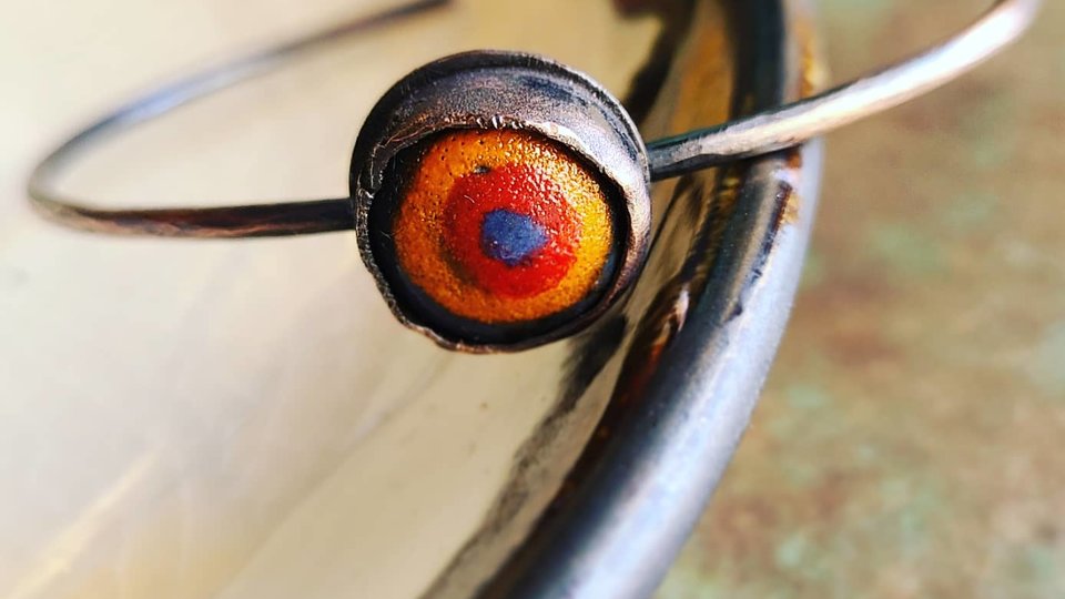 Eye / Thin Band Ceramic and Copper Cuff Bracelet