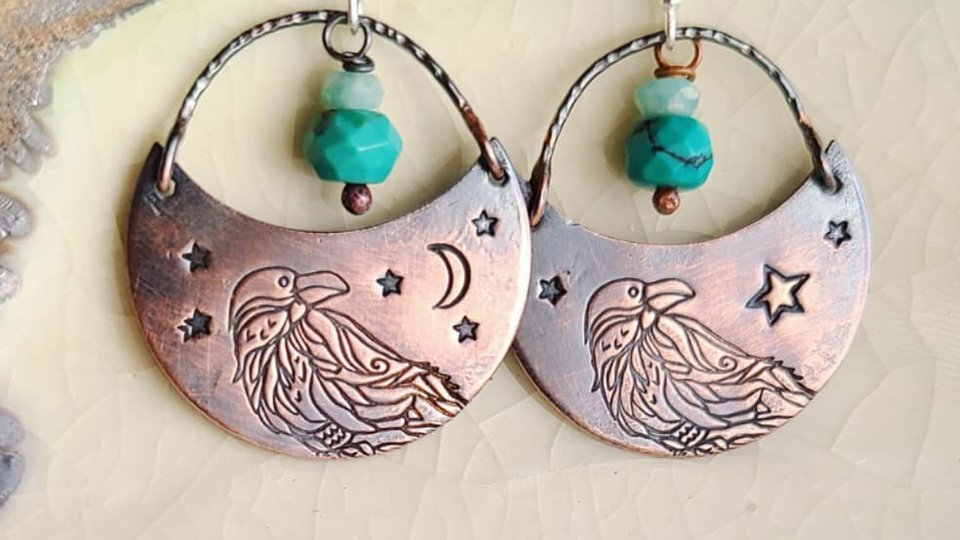 Turquoise Raven / Copper and Gemstone Earrings