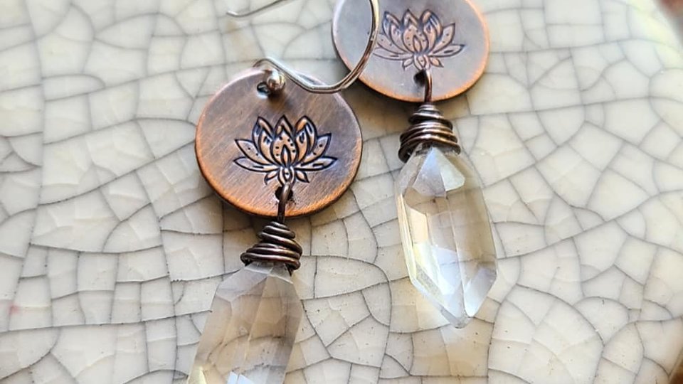 Reserved for Emily / Wild Lotus / Copper and Quartz Earrings