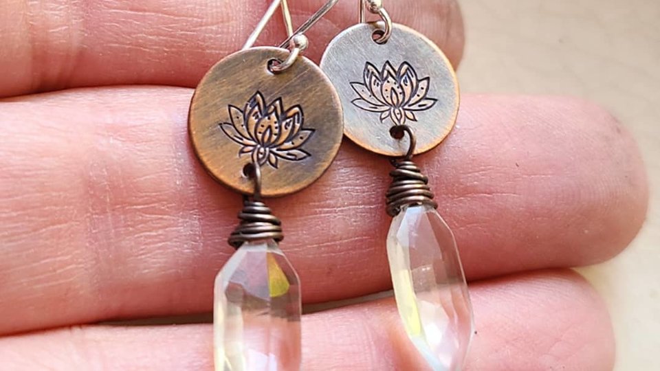 Reserved for Emily / Wild Lotus / Copper and Quartz Earrings