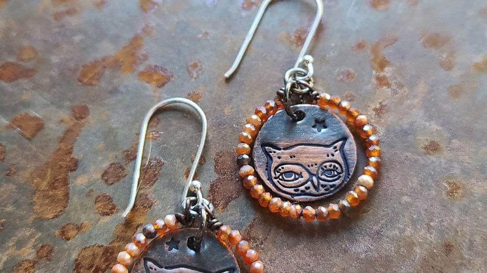 Fall Owl / Copper and Carnelian Earrings
