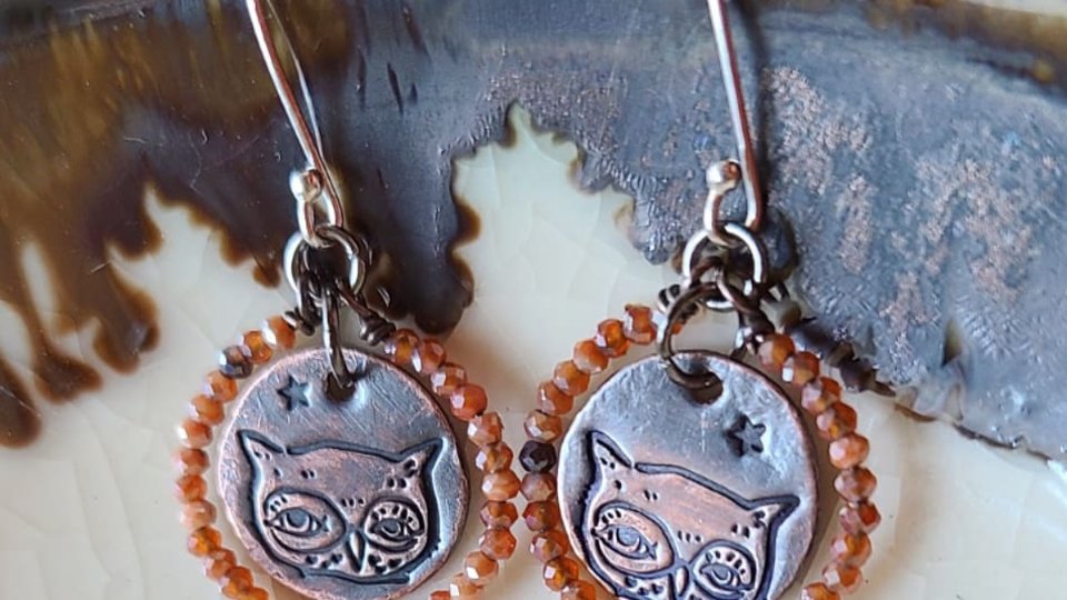 Fall Owl / Copper and Carnelian Earrings