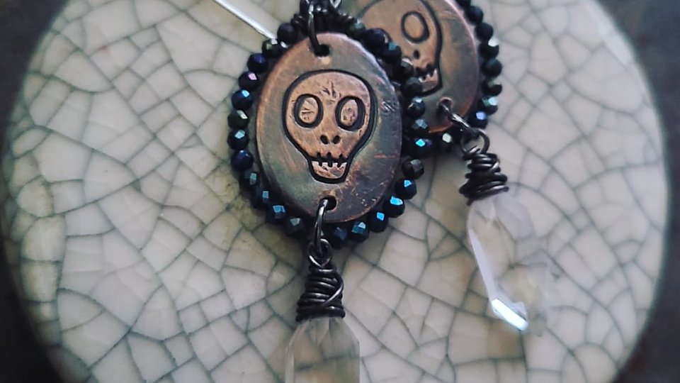 Reserved for Patricia G. / Memento Mori / Copper, Spinel and Quartz Earrings