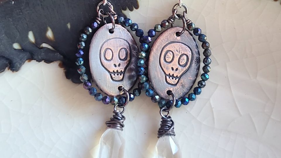 Reserved for Patricia G. / Memento Mori / Copper, Spinel and Quartz Earrings