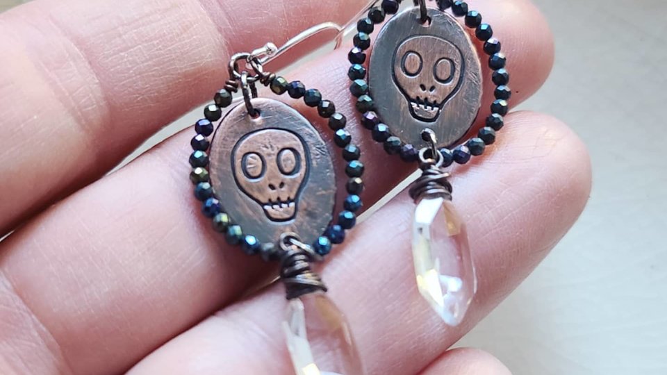 Reserved for Patricia G. / Memento Mori / Copper, Spinel and Quartz Earrings