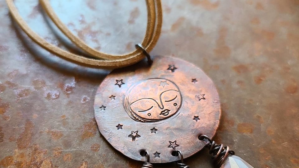 Moonlight / Quartz, Copper and Faux Suede Necklace