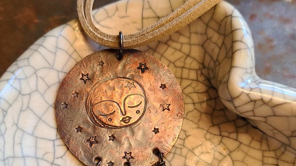 Moonlight / Quartz, Copper and Faux Suede Necklace