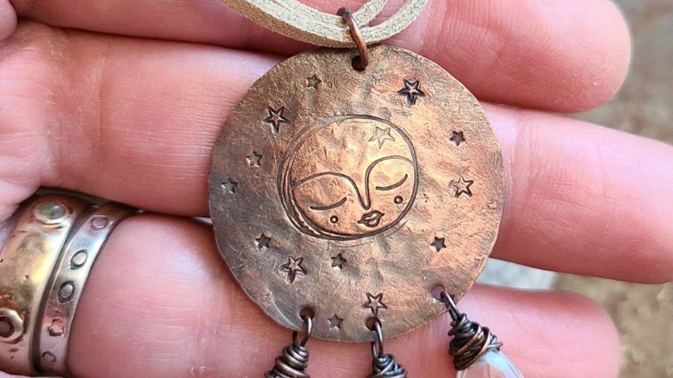 Moonlight / Quartz, Copper and Faux Suede Necklace