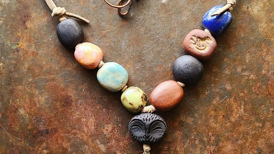 Rustic Owl / Ceramic, Copper and Faux Suede Necklace