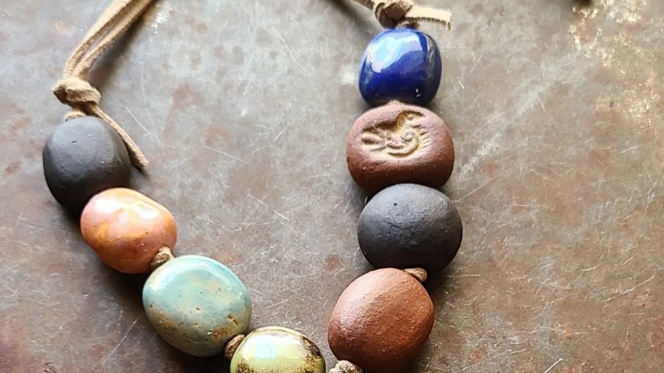 Rustic Owl / Ceramic, Copper and Faux Suede Necklace