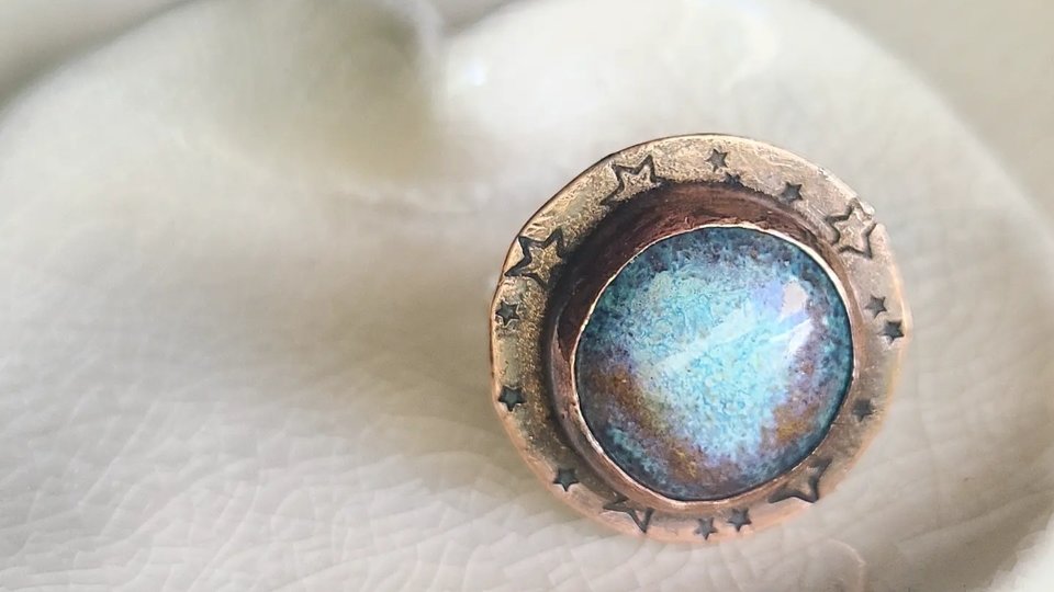 Blue Nebula / Copper, Ceramic and Sterling Silver Ring Size 8.75