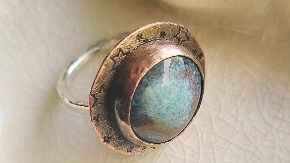 Blue Nebula / Copper, Ceramic and Sterling Silver Ring Size 8.75