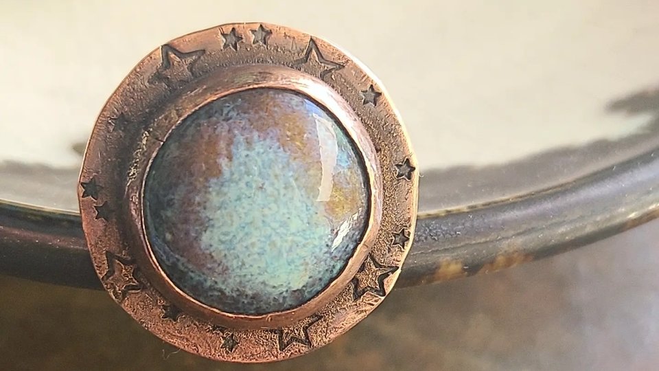 Blue Nebula / Copper, Ceramic and Sterling Silver Ring Size 8.75