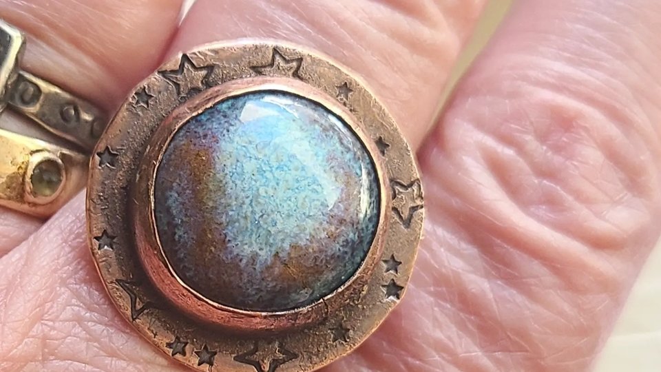 Blue Nebula / Copper, Ceramic and Sterling Silver Ring Size 8.75