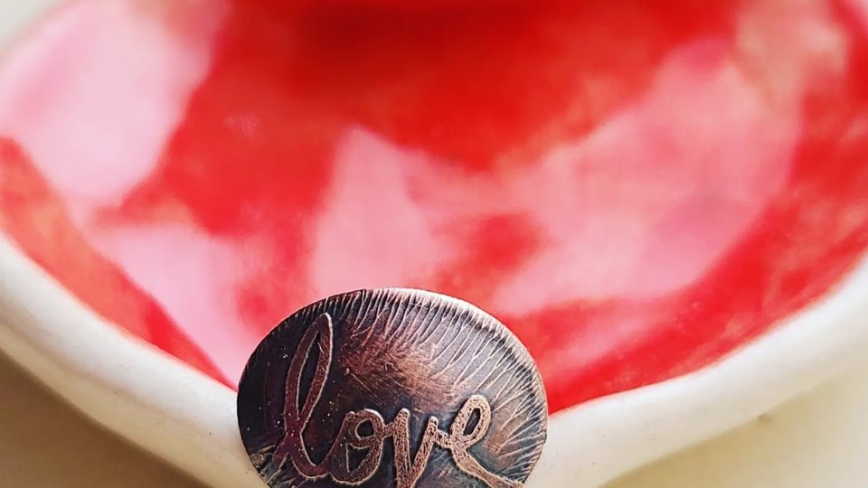 Love / Etched Copper Sterling Silver Ring