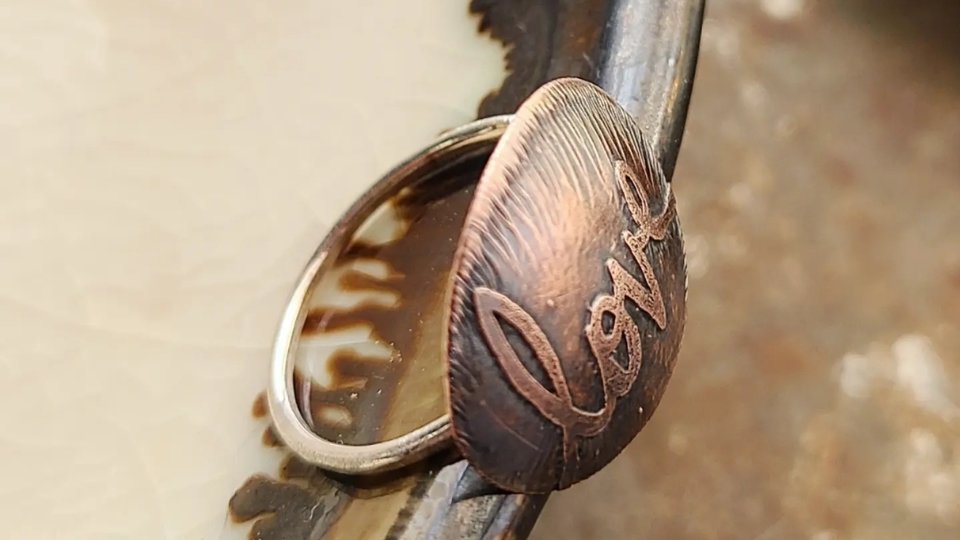 Love / Etched Copper Sterling Silver Ring