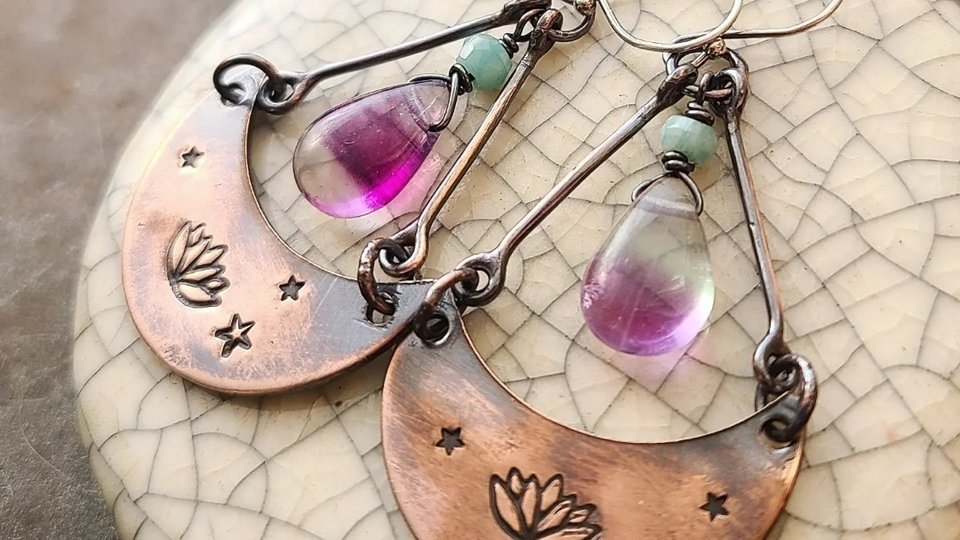 Lotus / Copper & Gemstone Earrings