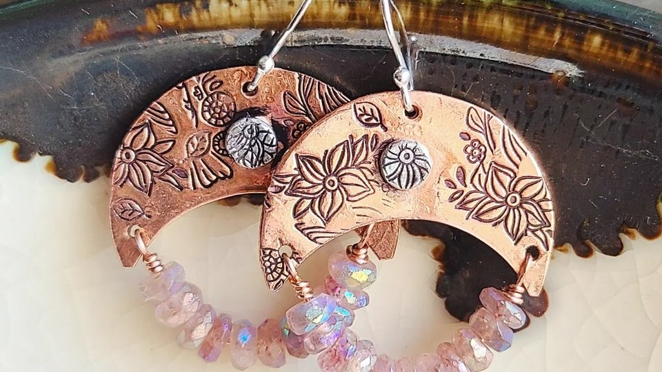 Flowers / Copper, Gemstone and Sterling Silver Earrings