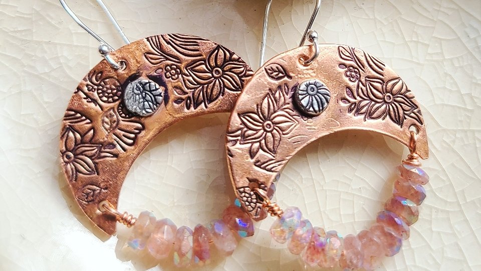 Flowers / Copper, Gemstone and Sterling Silver Earrings