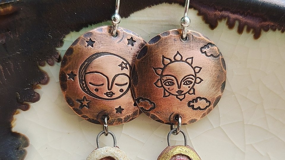 You Are The Sun & Moon / Copper, Ceramic and Sterling Silver Earrings
